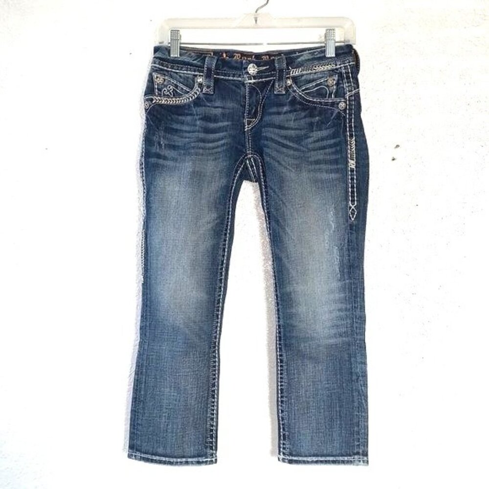 Rock Revival Sasha P31 Bootcut Jeans Womens 29 Dark Wash Distressed Denim Embroi